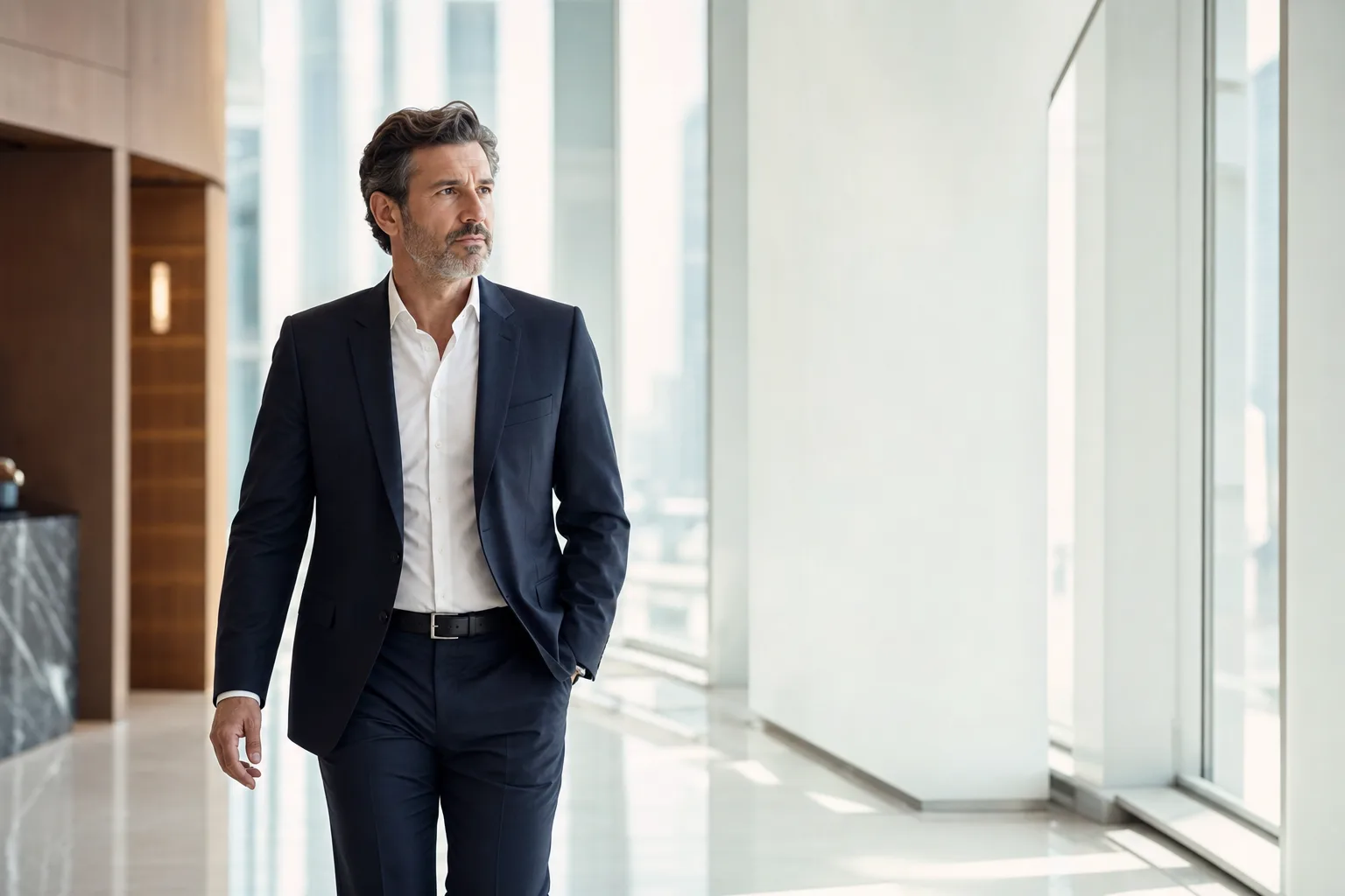 A senior COO reviewing the work in a calm Geneva boardroom